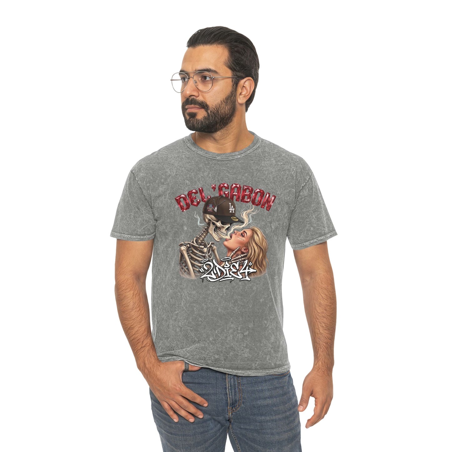 Del Gabon Skull Kiss Mineral Wash T-Shirt — Retro Rock Gothic Graphic Tee