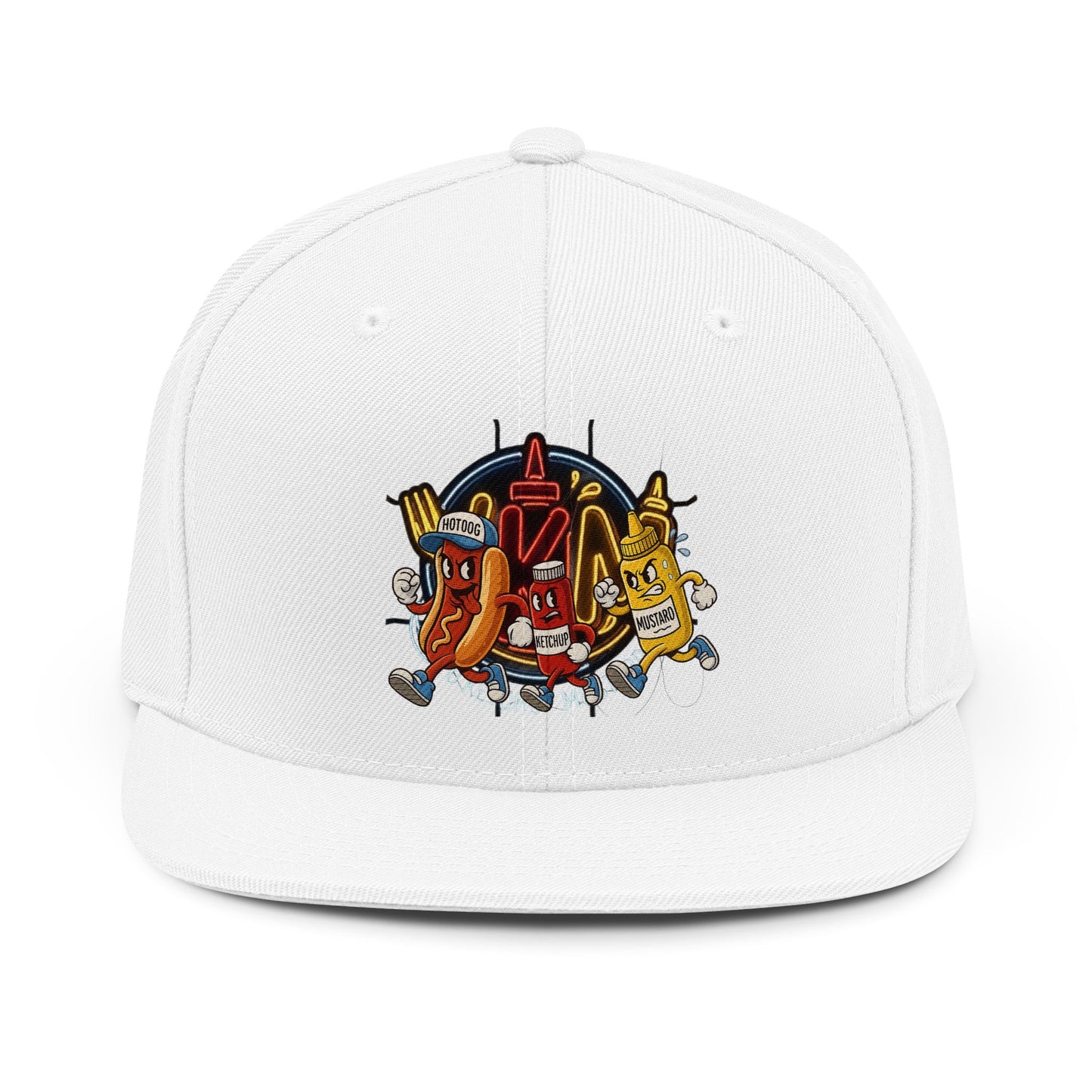 Snapback Hat — Retro Ketchup, Mustard & Hot Dog Cartoon Embroidered Hat