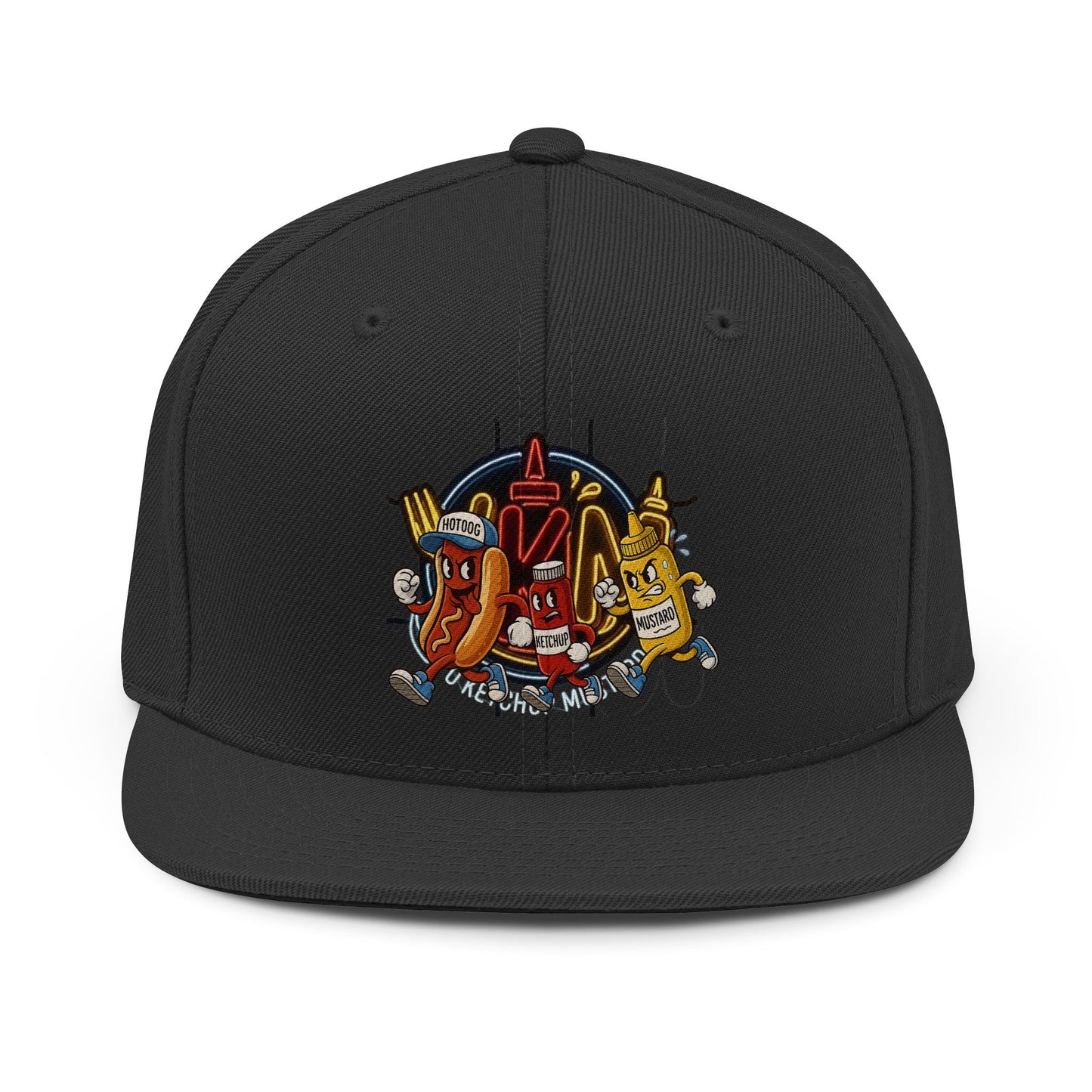 Snapback Hat — Retro Ketchup, Mustard & Hot Dog Cartoon Embroidered Hat