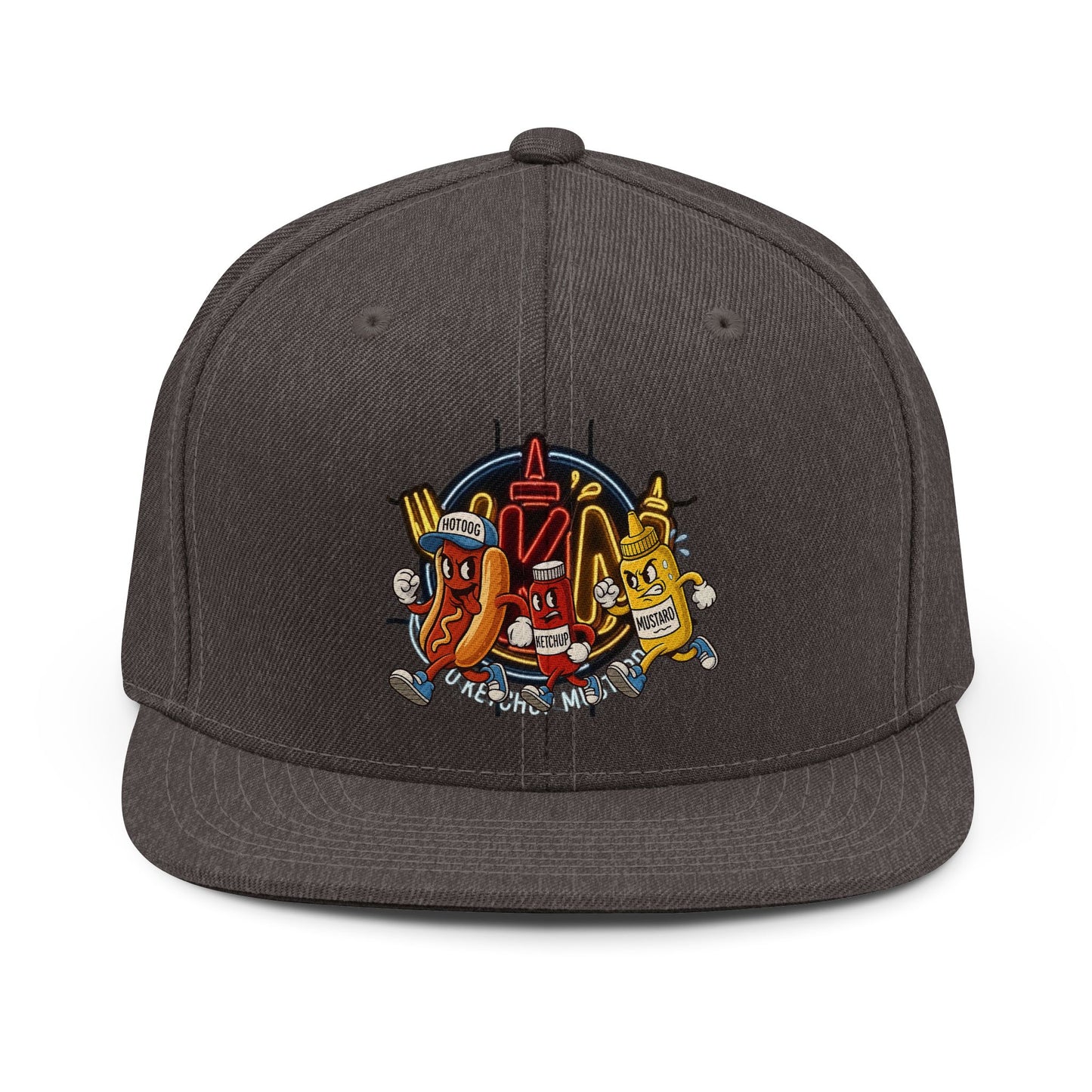 Snapback Hat — Retro Ketchup, Mustard & Hot Dog Cartoon Embroidered Hat