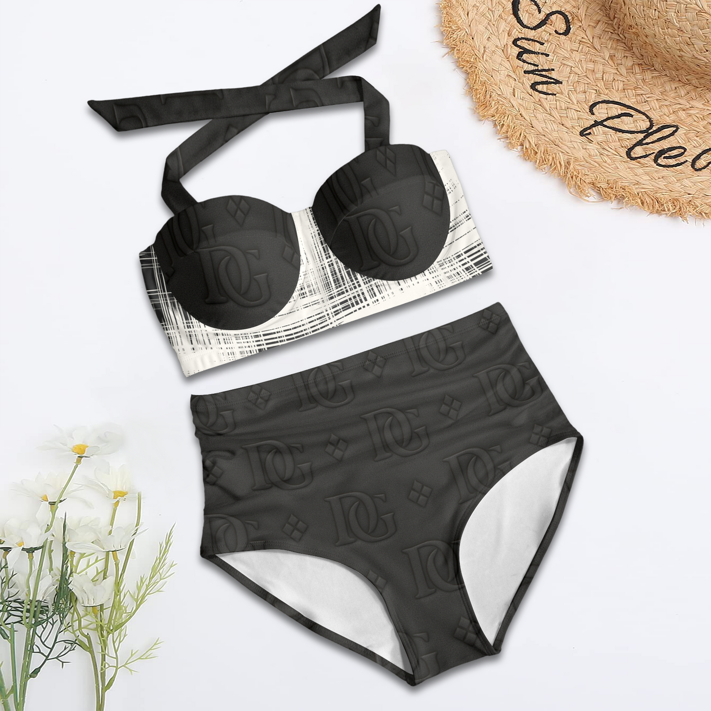 Del'Gabon Noir Monogram Halter Bikini Set